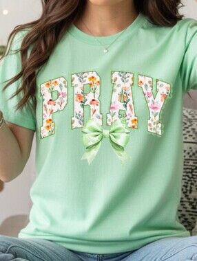 Gildan Mint Green "PLAY" Floral Appliqué Short Sleeve Tee